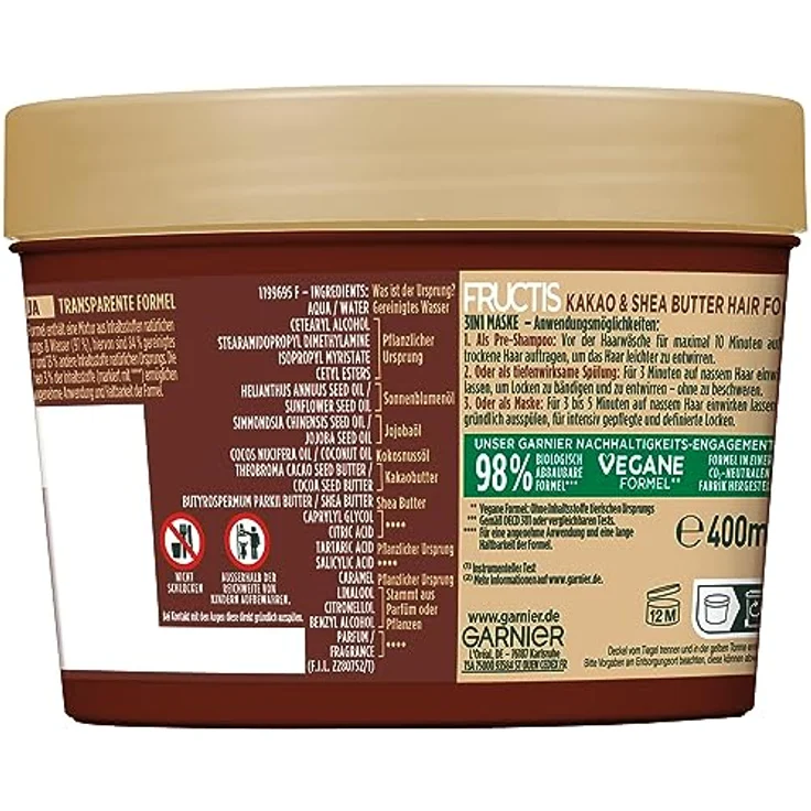 Garnier Kakao Butter 3in1 Haarmaske für trockenes und lockiges Haar, Leave In für intensive Pflege und Definition, Vegane Formel mit natürlichen Inhaltsstoffen, Fructis Hair Food, 1 x 400 ml – Bild 2
