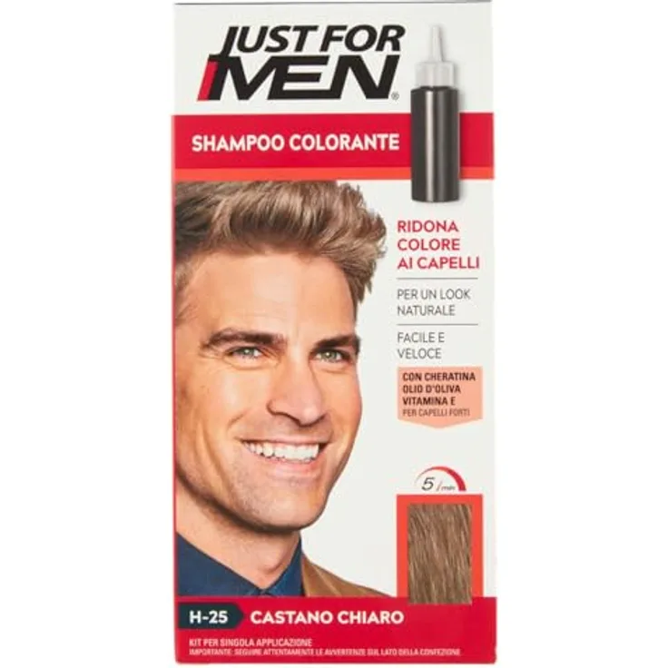 Just For Men H25 Shampoo Colorante, Herren-Haarfärbemittel in Castano Chiaro, 38,5 ml + 27,5 ml Base Colore, deckt graues Haar ab