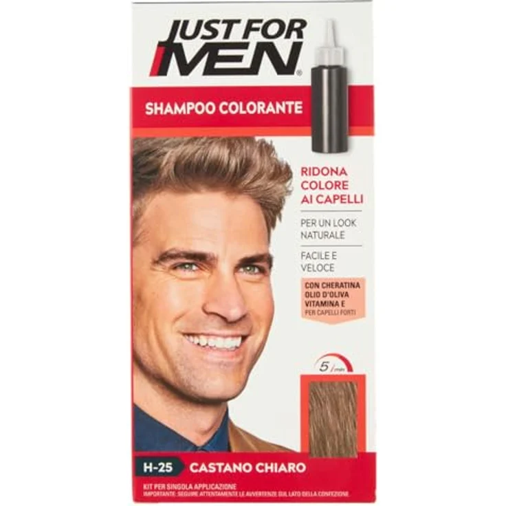 Just For Men H25 Shampoo Colorante, Herren-Haarfärbemittel in Castano Chiaro, 38,5 ml + 27,5 ml Base Colore, deckt graues Haar ab – Bild 1