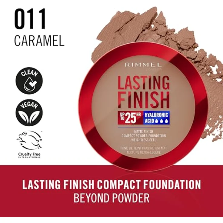 Rimmel London Lasting Finish 11 Caramel Compact Foundation, mattes Finish, vollständige Abdeckung, SPF20, vegane Formel, 7 g – Bild 2