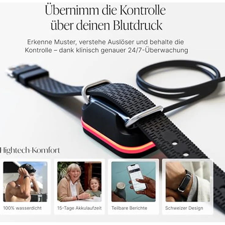 Hilo 24/7 Blutdruckmessarmband, klinisch validiertes Manschettenloses Medizinprodukt, IP68, Blutdruckmessgerät, Herzfrequenzmesser, Schlaftracker & Schrittzähler, 15 Tage Akku, inkl. 12 Monate Abo – Bild 4