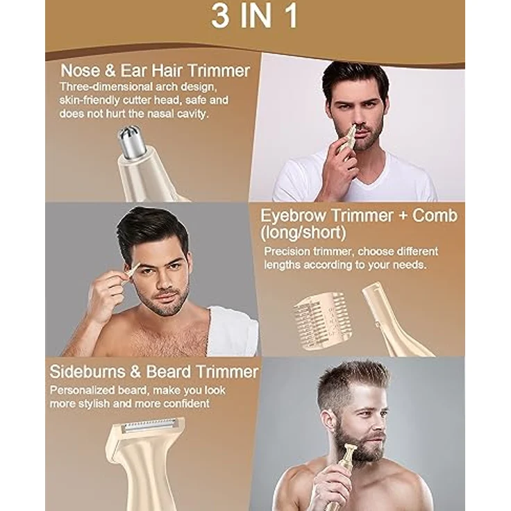 FUNHEE 3-in-1 Nasenhaartrimmer, USB wiederaufladbarer Nasenhaarschneider mit Doppelschneideklingen, schmerzfreier Augenbrauen- und Ohrhaarschneider, Champagner – Bild 5