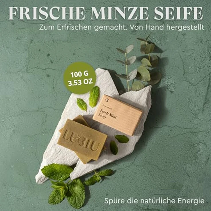 lubiu Frische Minze Seife 100g - 3in1 Duschseife für Männer (Körper, Haare & Bart) - Naturseife mit Pfefferminz- und Eukalyptusduft - vegan und palmölfrei – Bild 2