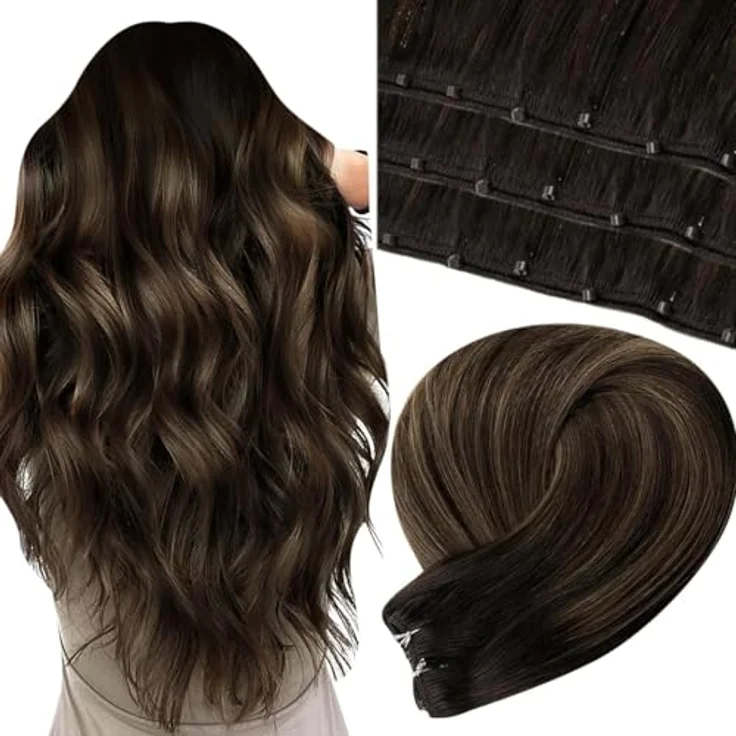 LaaVoo EZ Weft Echthaar Extensions, Braun Balayage #2/8/2, 55 cm, 50 g, Remy Haar, Mikroperlen, ohne Kleber, wiederverwendbar – Bild 1