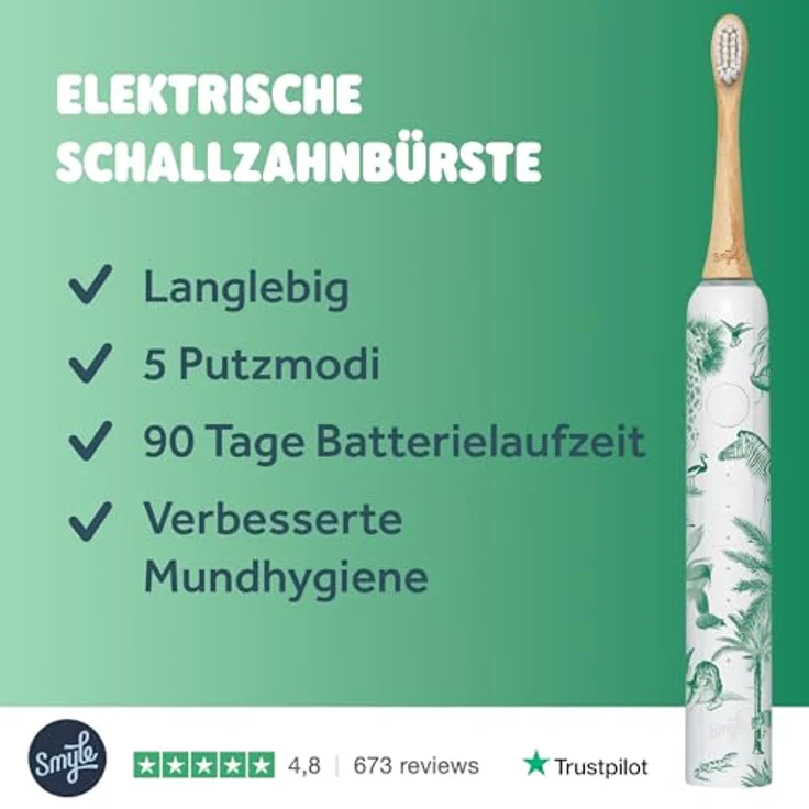 Smyle Schallzahnbürste Jungle-print – mit Sensor, 3 Monate Akkulaufzeit, USB-C-Ladegerät, intelligenter Timer, 5 Putzmodi, wasserdicht – Bild 2