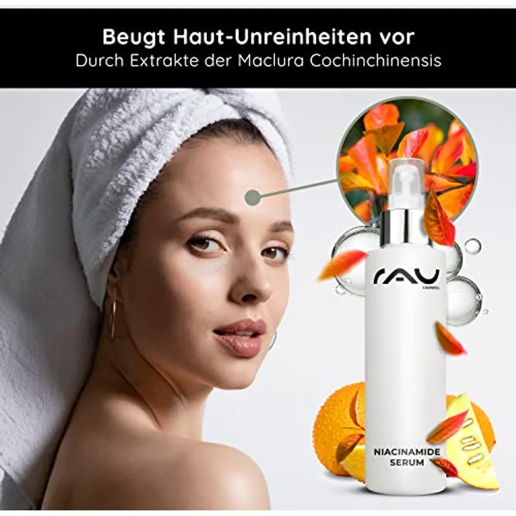 RAU Cosmetics 10% Niacinamide Booster + Zink PCA Serum 100 ml - Anti Pigmentflecken & Anti Pickel & Poren verkleinern - Gesichtsserum für unreine Haut, Akne & Mischhaut - Niacinamide 10% + Zinc 1% - Mit Maclura Cochinchinensis & Aloe Vera, Made in Germany – Bild 5