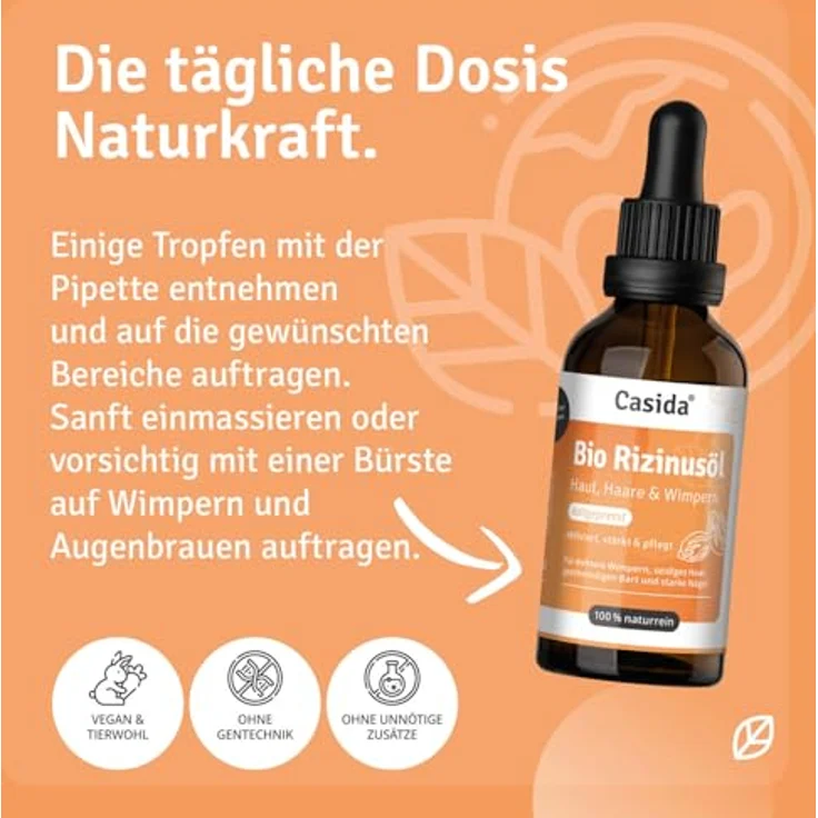 Casida Bio Rizinusöl 50ml - 100% Rein, Kaltgepresst, Für Wimpern, Augenbrauen, Haare, Bart, Nägel - Vegan, Glasflasche mit Pumpe – Bild 3