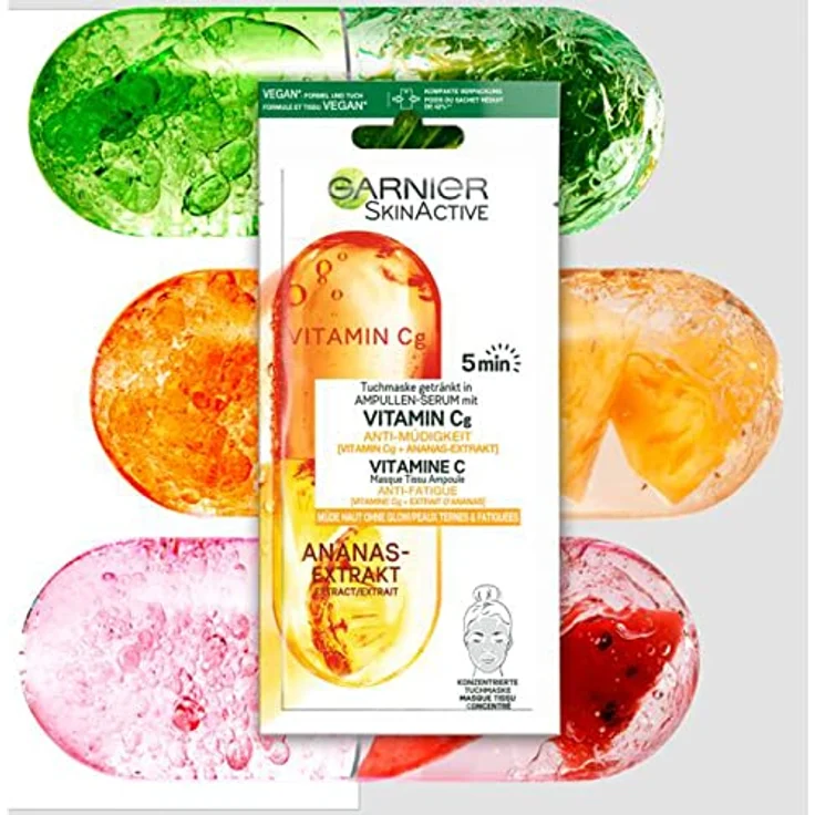 Garnier Tuchmaske, Gesichtsmaske für müde Haut ohne Glow, Anti-Müdigkeit, Getränkt in Ampullen-Serum, Vegane Formel mit Vitamin C und Ananas-Extrakt, 15 g – Bild 3