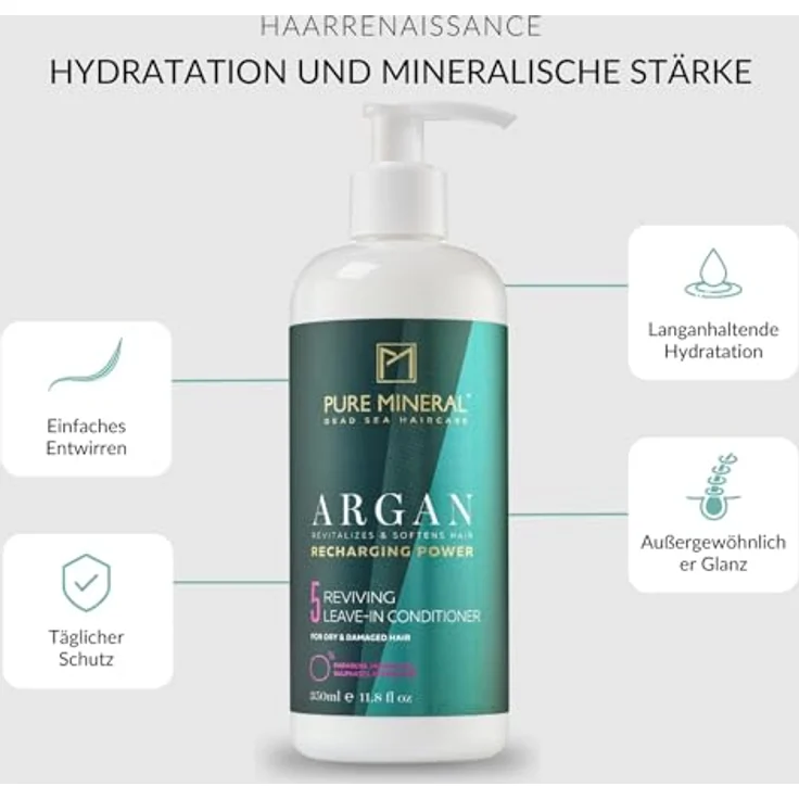 M PURE MINERAL DEAD SEA COSMETICS Pure Mineral Argan Conditioner ohne Ausspülen, 350ml - Feuchtigkeit und Glanz für trockenes Haar, angereichert mit Vitamin E, ohne Sulfate, Parabene und Petrolate – Bild 2
