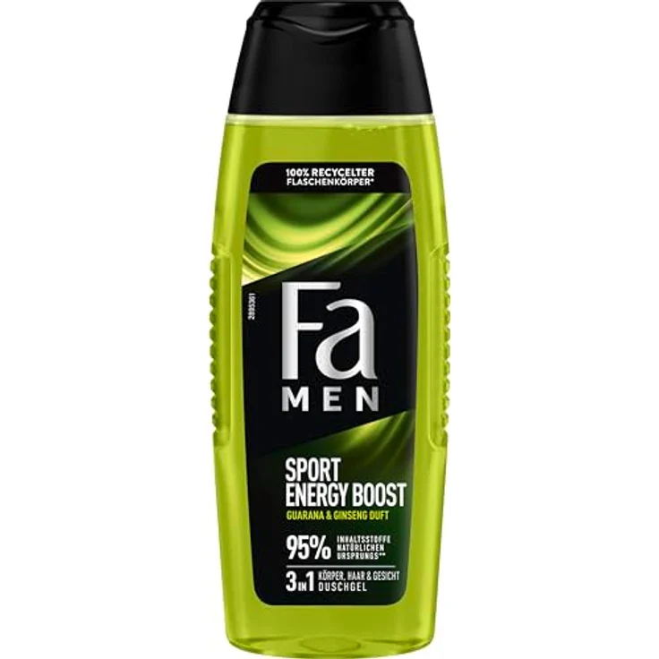Fa MEN Sport Energy Bosst Double Power Boost Body & Hair (1x 250ml) - 3in1 Formel, erfrischender Duft von Guarana & Ginseng, 94% natürliche Inhaltsstoffe, 100% recyceltes Material, vegane Formel
