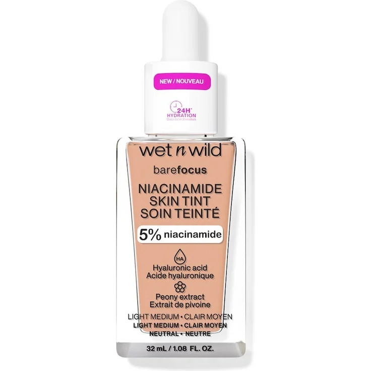 wet n wild BARE FOCUS NIACINAMIDE SKIN TINT Foundation 32 ml, leichte Foundation mit Niacinamid, Farbe Light Medium Sand