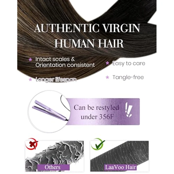LaaVoo Balayage Echthaar Nanoring Extensions 35 cm, Dunkelstes Braun mit Mittel Braun und Aschblond, Cold Fusion Ombre, 50 Stück/Set – Bild 4