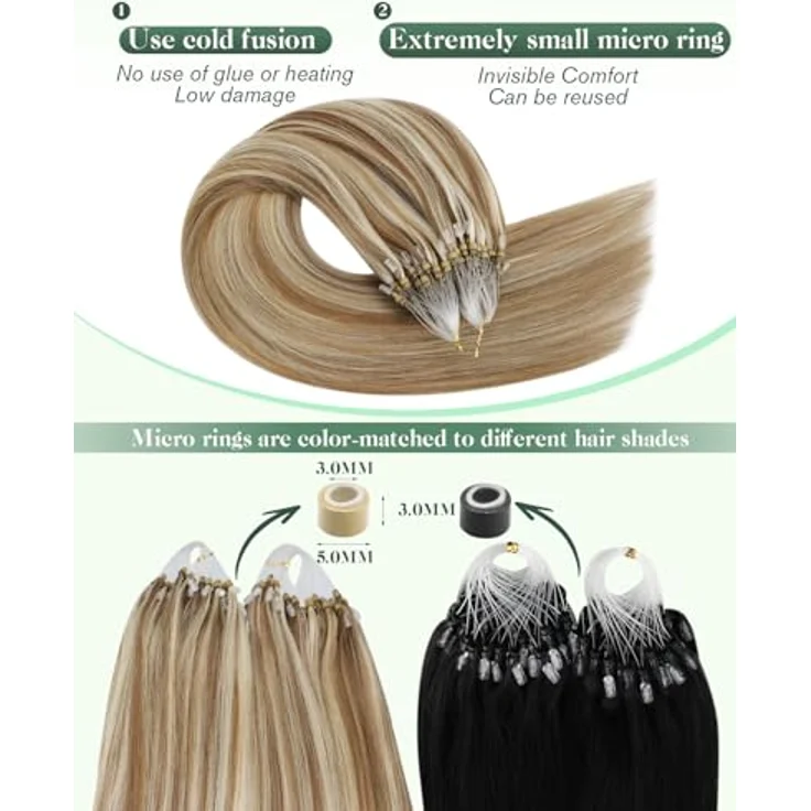 Ugeat Micro Ring Extensions Echthaar Blond Gesträhnt, 55 cm, 50 Strähnen, hitzebeständig bis 180°C, #P10/613 – Bild 3