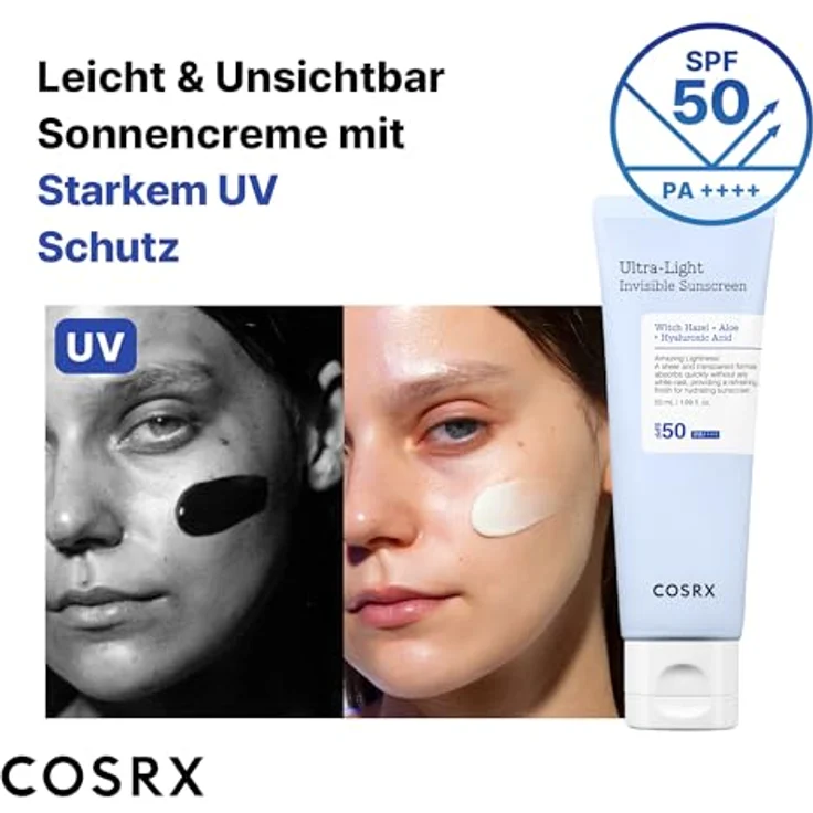 Cosrx Ultra-Light Invisible Sunscreen SPF50, 50 ml, hoher UVA- und UVB-Schutz, für empfindliche Haut, mit Aloe Vera und Niacinamid – Bild 3