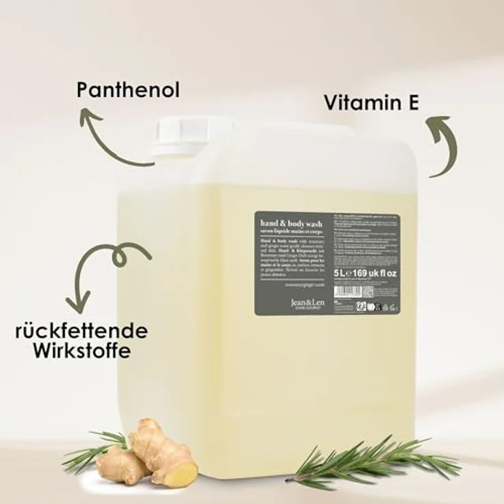 Jean & Len Hand & Body Wash Rosemary und Ginger, Flüssigseife im 5L Nachfüllkanister, ohne Silikone, Parabene & Mikroplastik, würzig-frischer Duft – Bild 3