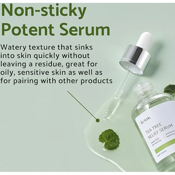 iUNIK Tea Tree Relief Serum, 50 ml - Gesichtscreme für sensible und gereizte Haut mit 67% Teebaum-Blattwasser – Bild 5