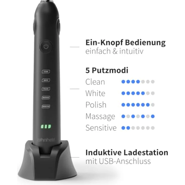 Zahnheld Gero 2 Schallzahnbürste, elektrische Zahnbürste mit Etui schwarz, 5 Putzmodi, lange Akkulaufzeit für Erwachsene, ideal für Reisen – Bild 3