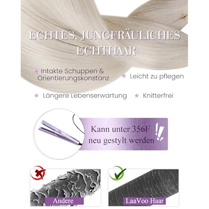 LaaVoo Bondings Extensions Hot Fusion, Echthaar Haarverlängerung, Keratin Platinblond, 45cm, 50g, 50S #60 – Bild 4