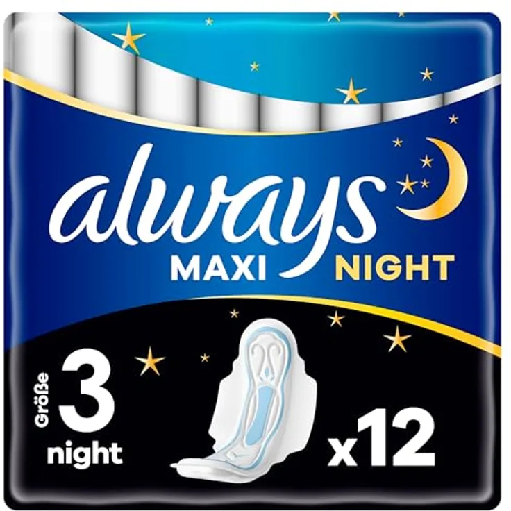 Always Maxi Binden Damen Gr. 3, Night, 12 Stück, super saugfähig mit Flügeln, geruchsneutralisierend und Auslaufschutz