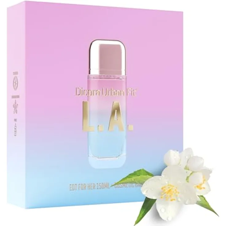 Dicora UrbanFit DICORA URBAN FIT SET L.A. FOR HER + NECESER, Damenparfüm EDT 150 ml, blumiger und fruchtiger Duft mit Mandarine, Orangenblüte und Moschus