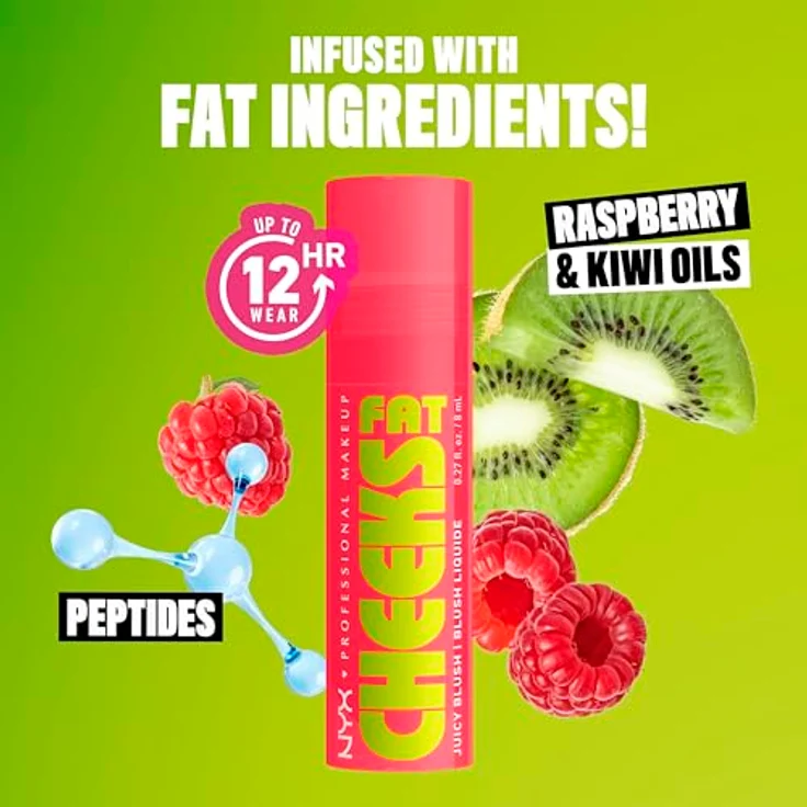 NYX Professional Makeup Fat Cheeks Juicy Blush – Flüssiges Rouge mit 12H Halt, bis zu 24H Feuchtigkeit, mit Himbeer- & Kiwiöl, Farbe: Bouncin Berry, 8 g – Bild 5