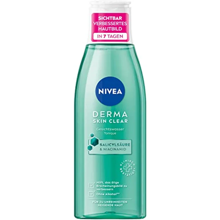 NIVEA Derma Skin Clear Gesichtswasser (200 ml), feuchtigkeitsspendender Toner für ein sichtbar verbessertes Hautbild, Gesichtstonic mit Salicylsäure und Niacinamid