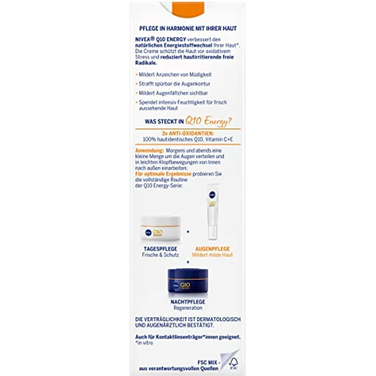 NIVEA Q10 Anti-Falten Augenpflege, Augencreme mit Q10, Vitamin C und E mildert Krähenfüße, Feuchtigkeitscreme für die Augenpartie, Q10 ENERGY Anti-Falten Erfrischende Augenpflege (15 ml) – Bild 4