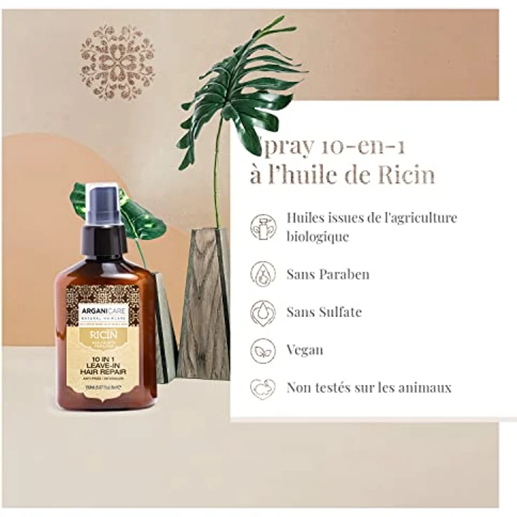 Arganicare Ricin Reparatur-Spray, 10-in-1, ohne Ausspülen, 150 ml - Entfernt Frizz, beugt Spliss vor, schützt vor äußeren Einflüssen – Bild 3