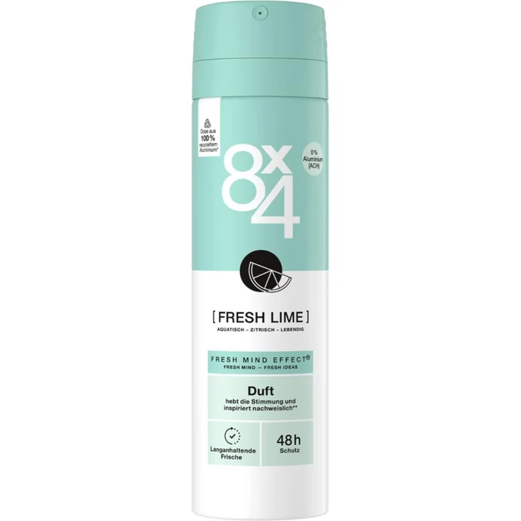 8x4 Deodorant Nr. 7 Fresh Lime, 150 ml Spray mit 48h Schutz, vegan, frisch-fruchtiger Zitrusduft