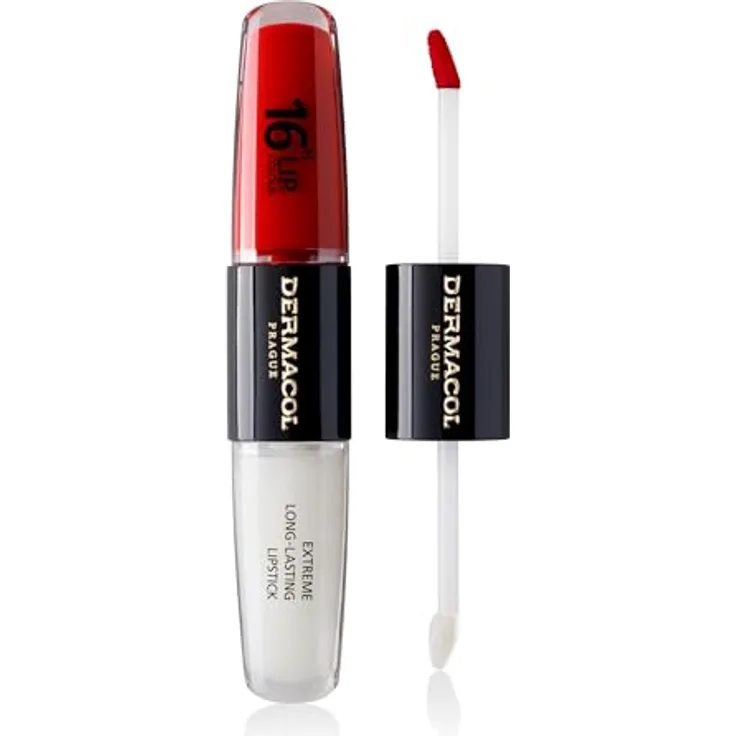 Dermacol 16H Lip Colour, langlebiger, glänzender Lippenstift in Revenge Red, 2x4 ml mit hoher Pigmentierung und feuchtigkeitsspendender Formel