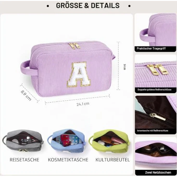 Parima Lila Kosmetiktasche für Mädchen, 2-teilige Cord Make-up-Tasche mit hoher Kapazität und personalisiertem Design, ideal für Reisen und als Geschenk für Mädchen von 7 bis 14 Jahren – Bild 2