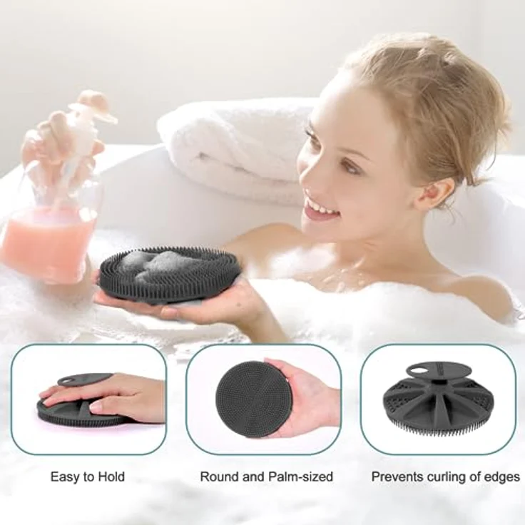 INNERNEED Körperschrubber aus lebensmittelechtem Silikon, Duschbürste mit ergonomischem Griff, sanftes Peeling, Schwarz+Grau – Bild 2