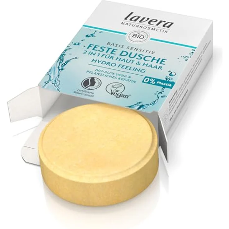 lavera Feste Duschseife Basis Sensitiv - Hydro Feeling 2in1, vegane Körper- und Haarreinigung, 50g – Bild 2