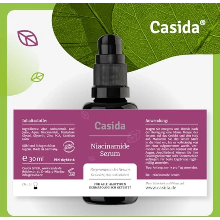Casida Niacinamide Serum 30 ml, regenerierendes Gesichtsserum für verfeinertes Hautbild – Bild 8
