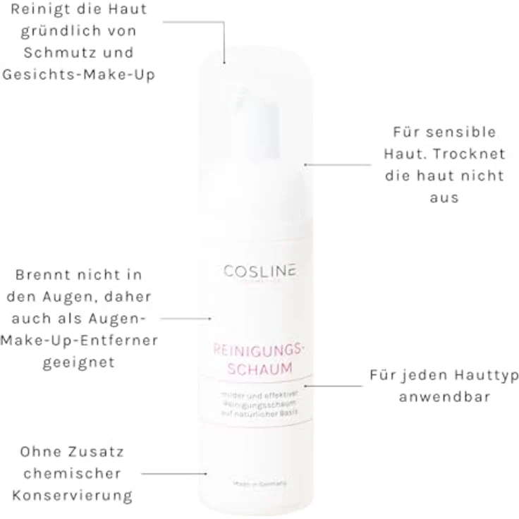 COSLINE Reinigungsschaum, Vegan, Für jeden Hauttyp, Ohne chemische Konservierung, 50 ml, Augen-MakeUp-Entferner geeignet – Bild 3