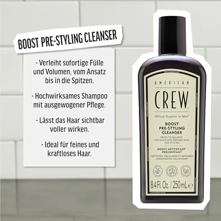 AMERICAN CREW Boost Pre-Styling Shampoo, 250 ml, Volumenshampoo für Männer, veganes Haarshampoo für feines, dünnes oder plattes Haar, Pre-Haarstyling für mehr Volumen & Fülle – Bild 3