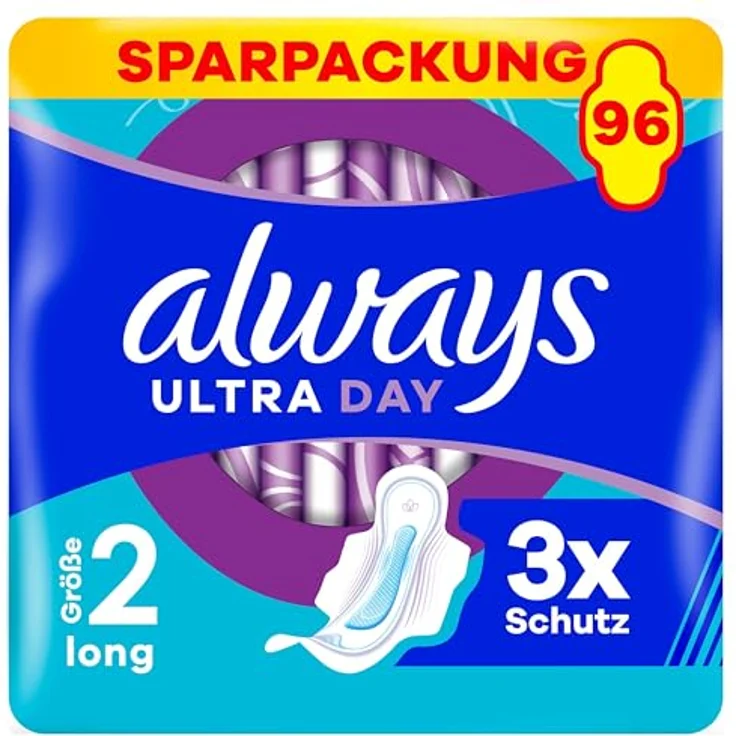 Always Ultra Binden Damen Gr. 2, Long, ultradünn, super absorbierend, 96 Stück mit Flügeln (3 x 32 Stück) Multipack – Bild 1