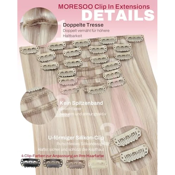 Moresoo Clip in Extensions Echthaar 120g, Aschblond mit 7 Doppel-Tressen, 45cm Remy-Echthaar – Bild 4