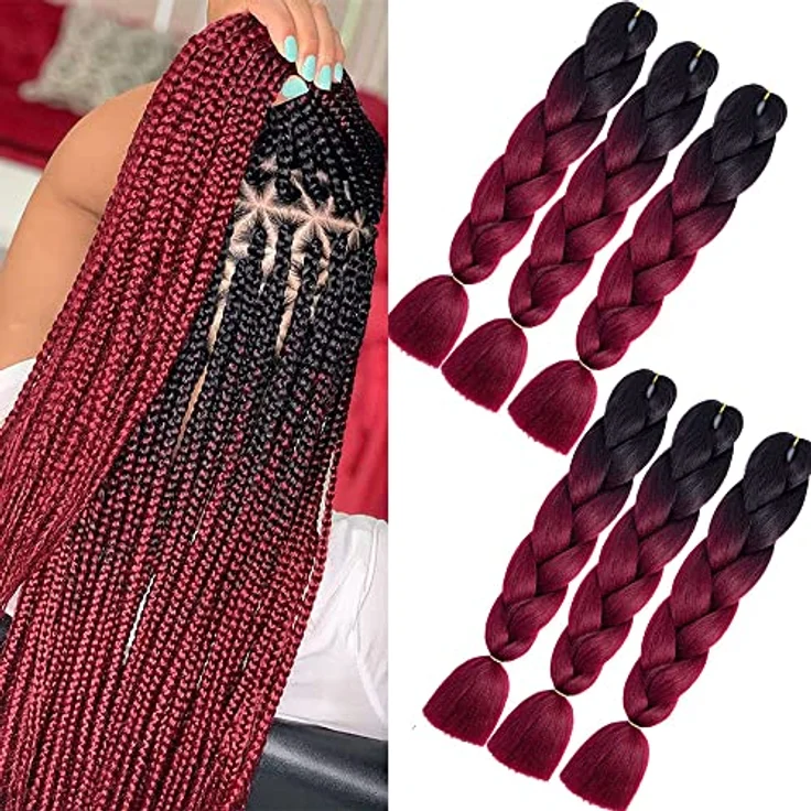 Shangxiu Jumbo Braids Extensions, kunsthaar zum einflechten, weinrot, 6 Stück, 60cm, hitzebeständig, Yaki Textur für Box Braids – Bild 1