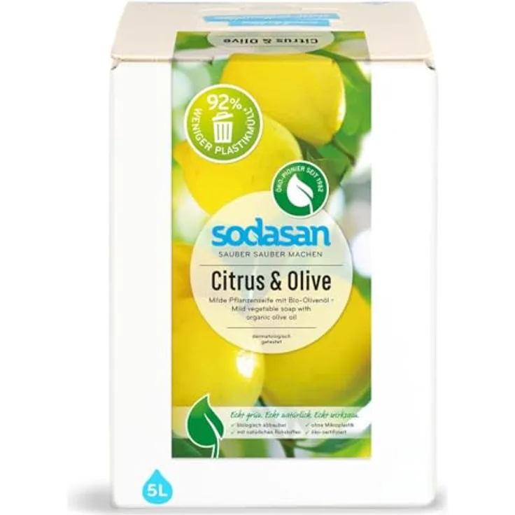 SODASAN Flüssigseife Citrus-Olive, 5 Liter Nachfüllpack, natürliche Handreinigung