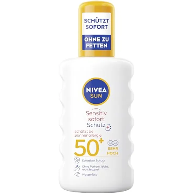 NIVEA SUN Sensitiv Sofort Schutz Sonnenspray LSF 50+, wasserfester & duftfreier Sonnenschutz für empfindliche Haut, 200 ml