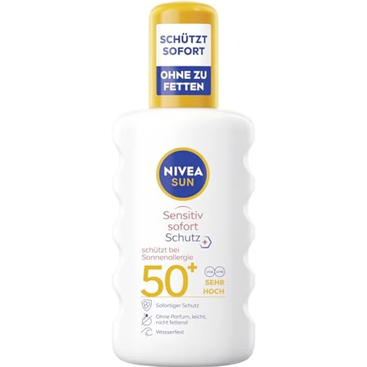 NIVEA SUN Sensitiv Sofort Schutz Sonnenspray LSF 50+, wasserfester & duftfreier Sonnenschutz für empfindliche Haut, 200 ml – Bild 1