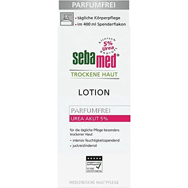 SEBAMED Trockene Haut Urea Akut 5% 400 ml Lotion parfumfrei, Feuchtigkeits-Lotion mit Süßmandelöl für Männer und Frauen, lindert spürbar Juckreiz und hilft sehr trockene Haut zu glätten