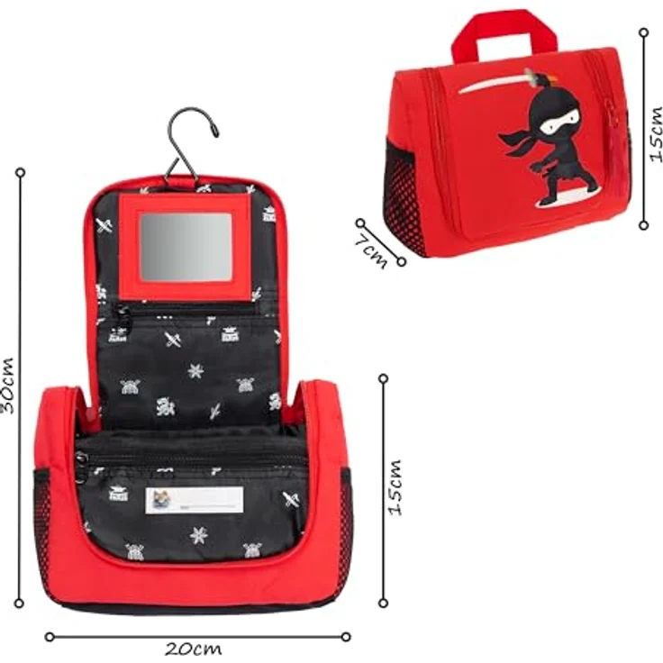 GRINSEZWERGE Kinder Kulturtasche, Reise Kulturbeutel zum Aufhängen mit 3 Reißverschluss- und 4 Netztaschen, Premium Qualität, inklusive abnehmbarem Spiegel und Namensschild – Bild 2