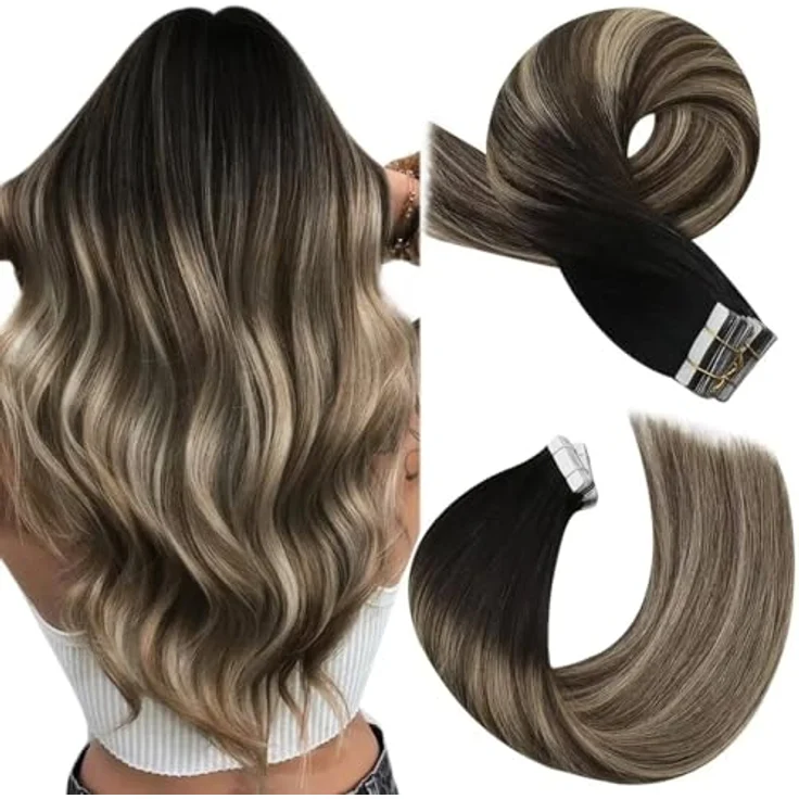 Moresoo Tape Extensions Echthaar 50cm #1B/3/27, Schwarz Braun mit Karamellblond Balayage, Invisible Tape Haarverlängerung – Bild 1