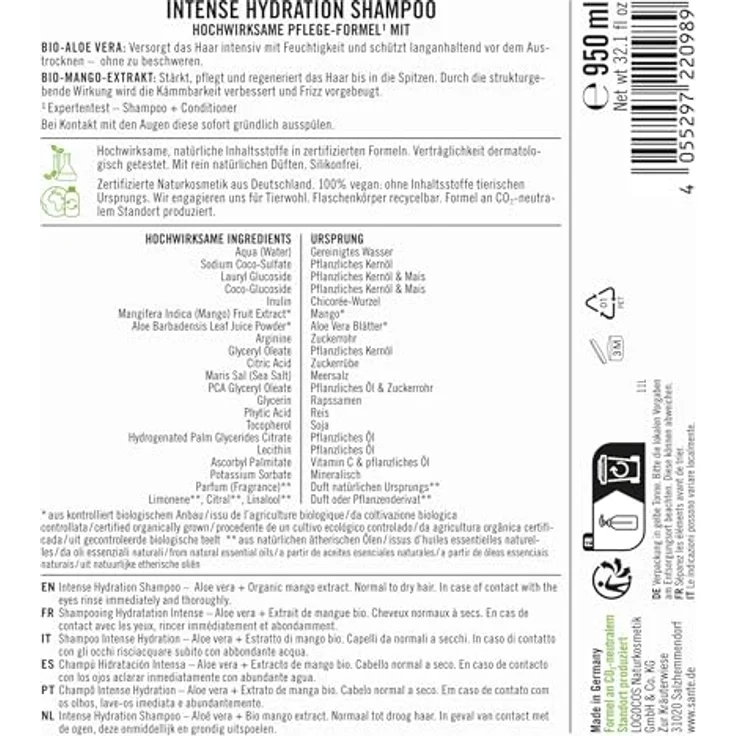 SANTE Naturkosmetik Intense Hydration Shampoo Aloe Vera + Mango-Extrakt, veganes Pflegeshampoo mit Pumpspender, stärkt und hydratisiert trockenes Haar, 950 ml – Bild 2
