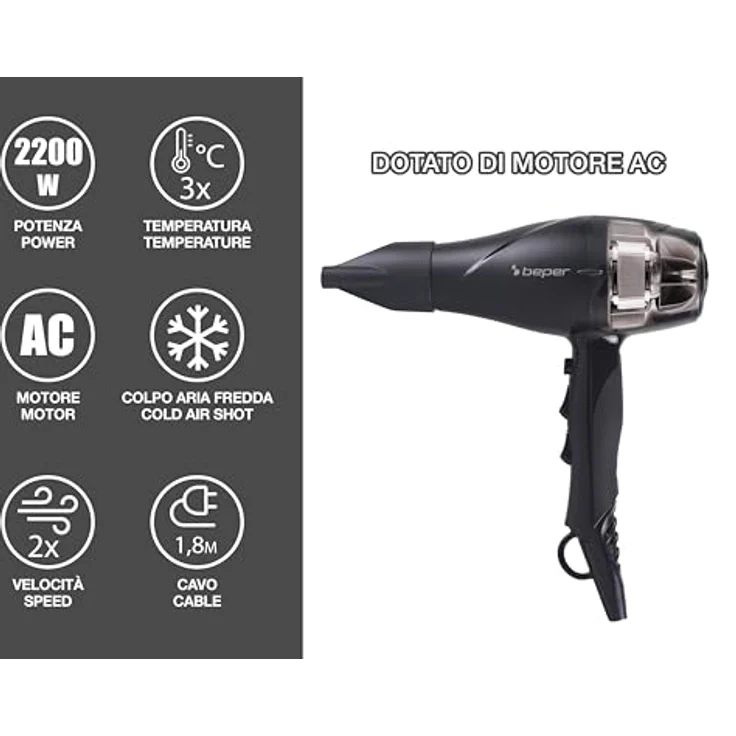 BEPER P301ASC002 Professioneller Haartrockner 2200 W, 2 Geschwindigkeiten, 3 Temperaturen, Kaltluftstoß, Volumendiffusor und Styling-Konzentrator, langlebiger Motor – Bild 2