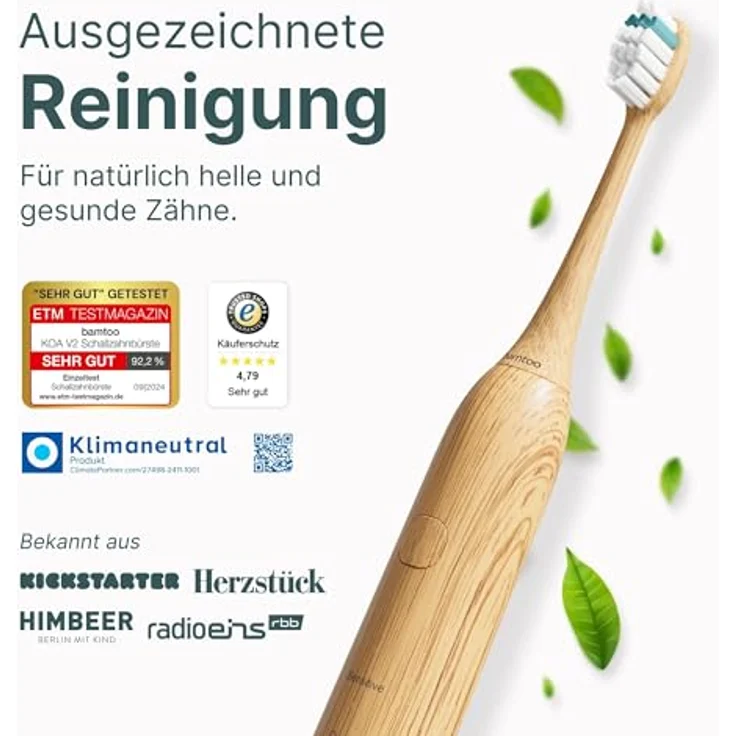 bamtoo Schallzahnbürste KOA V2 Pro, elektrische Zahnbürste mit 8 Wochen Akkulaufzeit, 5 Reinigungsmodi, Bambus-Bürstenkopf und Reiseetui – Bild 2