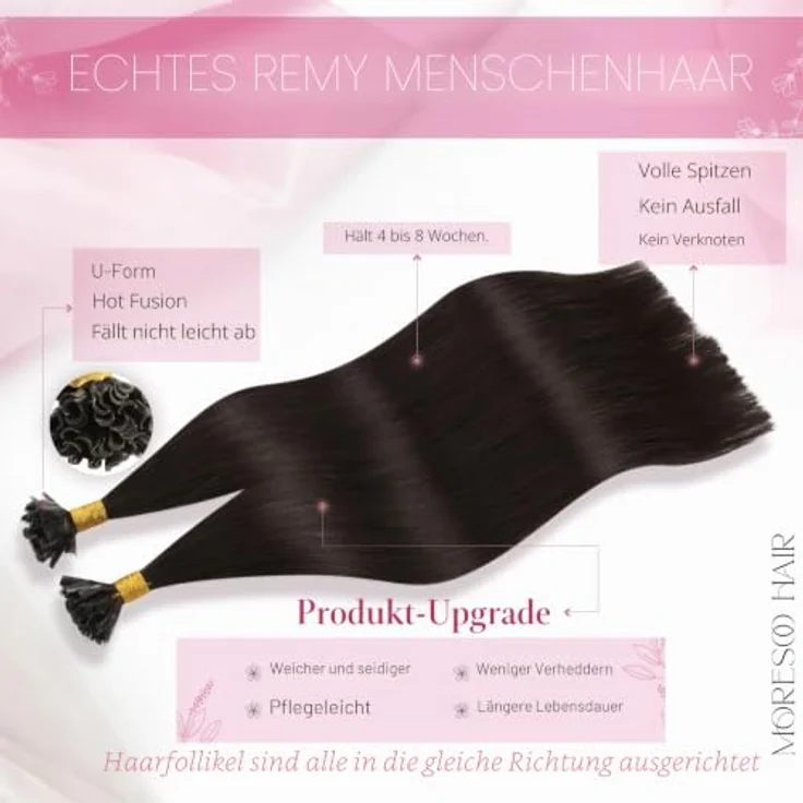 Moresoo U Tip Echthaar Extensions, 50g Braun, Keratin Remy Bondings, 45cm Länge – Bild 2