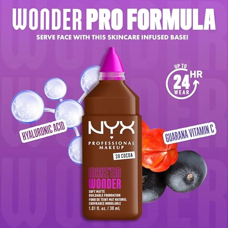 NYX Professional Makeup Make 'EM Wonder Foundation, 30 ml, Glow-Booster für natürlichen Look, schweiß- und wasserfest, mit Vitamin C und Hyaluronsäure – Bild 4